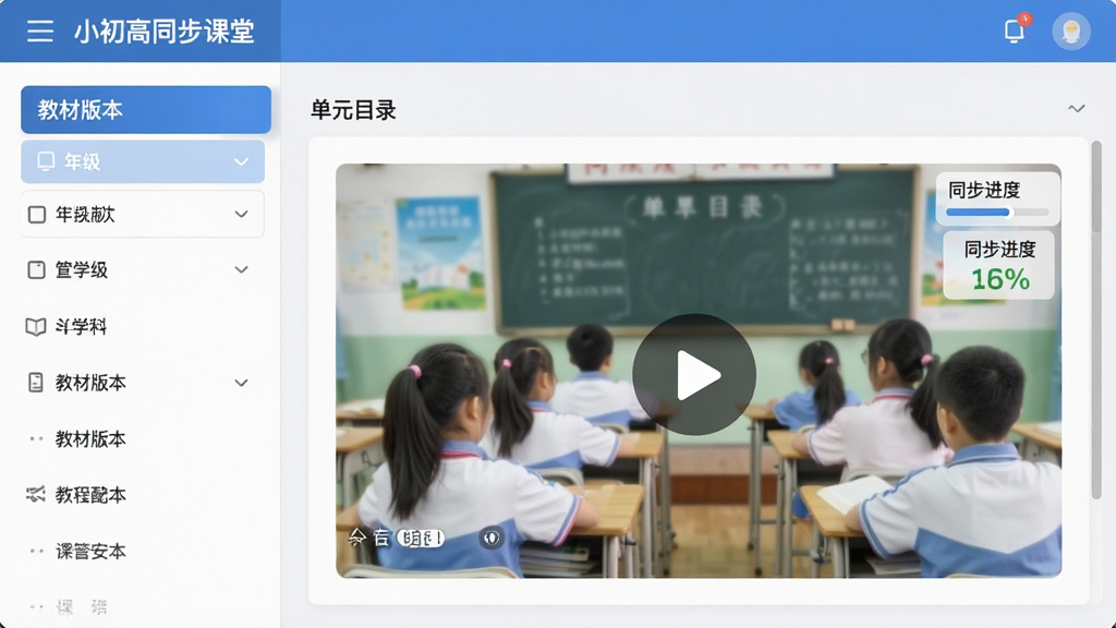 主体:小初高同步课堂的“教材同步”功能页面,左侧显示年级、学科、教材版本选择列表,右侧展开对应课程视频。布局:左右分栏式排版,左侧导航清晰。排版:顶部导航栏标注“小初高同步课堂”,下方为教材版本和单元目录。风格:扁平化UI设计,界面干净清爽。细节:课程封面带有播放按钮,右侧有“同步进度”百分比标识。画质:清晰锐利,无多余元素。