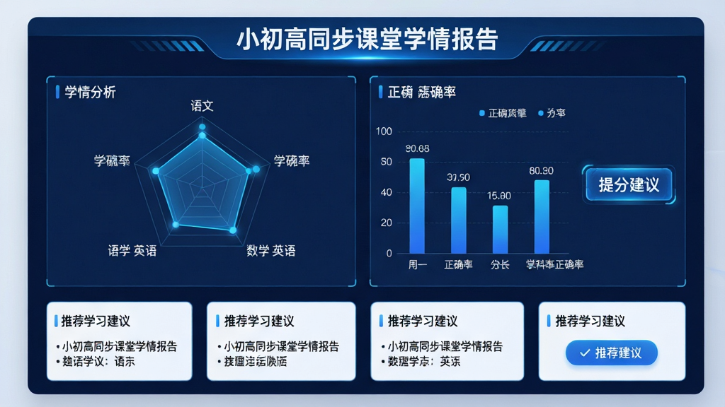 主体:小初高同步课堂的“学情分析”报告页面,以雷达图和柱状图展示学生各科掌握情况。布局:图表居中布局,下方为推荐学习建议卡片。排版:数据可视化风格,标题“小初高同步课堂学情报告”。风格:科技感蓝色调,图表动画效果。细节:雷达图标注“语文 数学 英语”,柱状图显示正确率,右侧有“提分建议”按钮。画质:高分辨率,画面干净整洁。