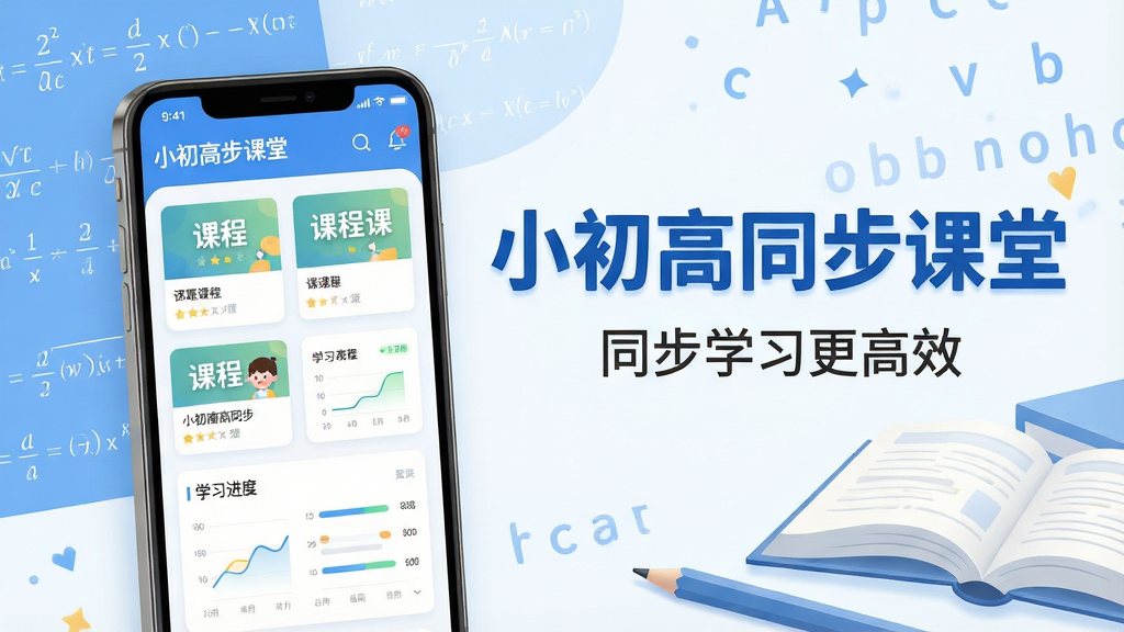 主体:小初高同步课堂App的界面展示,画面中央是一部智能手机,屏幕上显示课程列表和学习进度图表。布局:手机置于画面中心偏左,右侧搭配书本、铅笔等学习元素。排版:主标题“小初高同步课堂”醒目,副标题“同步学习更高效”。风格:清新教育插画风,色彩明亮柔和,以蓝白为主色调。细节:屏幕中的课程卡片清晰可见,背景带有数学公式和英文字母装饰。画质:高清渲染,干净,无多余元素。