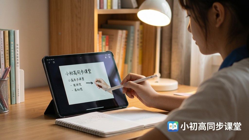 主体:一位学生正在书桌前使用平板电脑学习小初高同步课堂,屏幕显示课程视频。布局:学生侧坐,平板正对镜头,背景是书架和台灯。排版:画面右下角配有“小初高同步课堂”Logo。风格:温馨写实风格,暖色调,光线自然。细节:学生手握触控笔,平板上有讲解画面,桌面整齐。画质:高清摄影质感,干净,无多余元素。