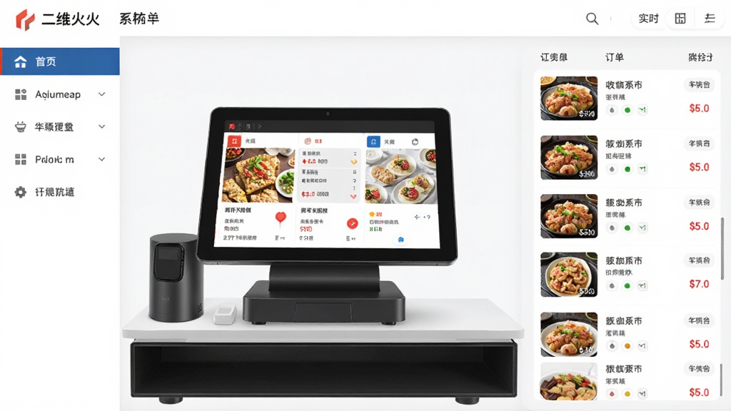 二维火餐饮管理系统主界面预览图,主体为收银台与点餐看板,布局清晰,左侧功能导航,右侧实时订单流水,风格简洁商务,细节包括菜品图片与价格标签,画质干净无多余元素