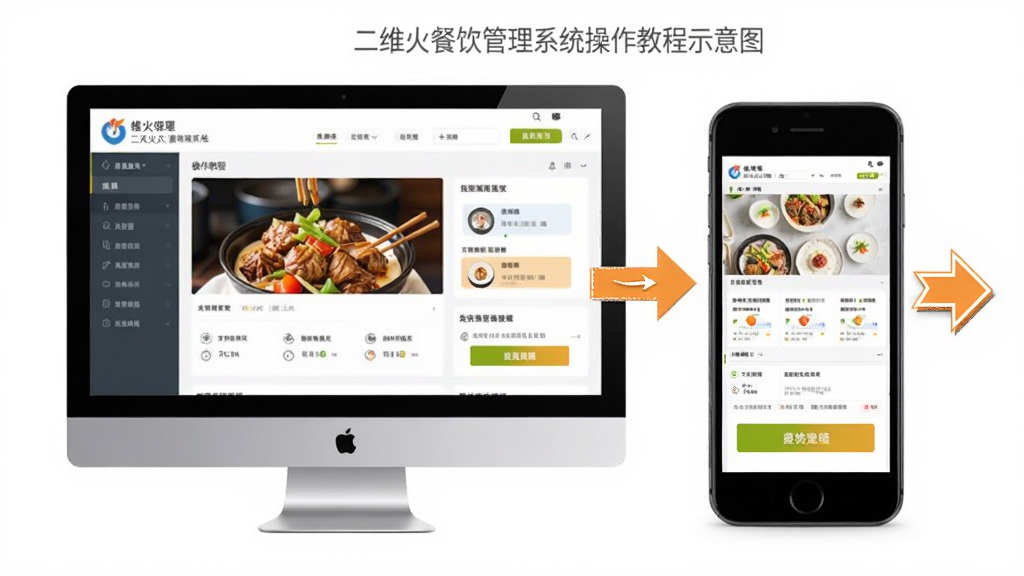 二维火餐饮管理系统操作教程示意图,主体为电脑与手机并排展示,布局为界面截图与步骤箭头标注,风格简洁教学风,细节含箭头指示与高亮按钮,画质干净无多余元素