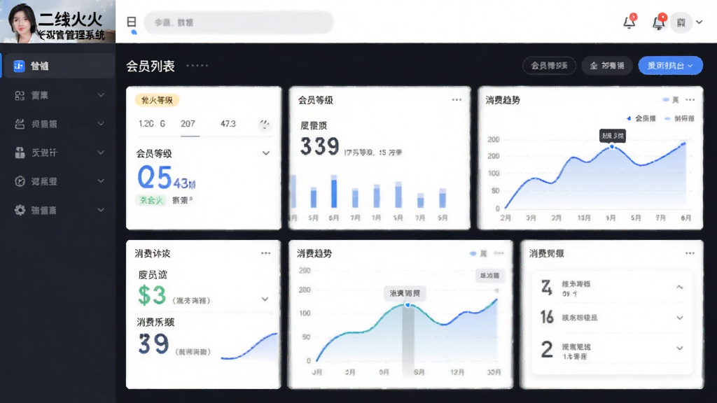 二维火餐饮管理系统会员营销后台,主体为数据看板与会员列表,布局为卡片式统计与折线图,风格现代商务,细节含会员等级标签与消费趋势曲线,画质干净无多余元素