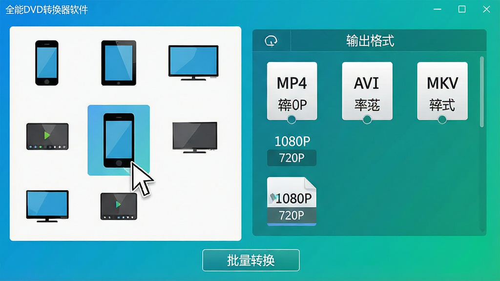 主体:全能DVD转换器软件界面,左侧显示多种输出设备图标(手机、平板、电视),右侧显示MP4、AVI、MKV等格式选项。布局:左右分栏设计,图标整齐排列,鼠标悬停在手机图标上。排版:格式列表清晰有层次,顶部有“输出格式”标题栏。风格:扁平化UI设计,颜色明亮清新,蓝绿色渐变背景。细节:每种格式旁标注分辨率如1080P、720P,界面下方有“批量转换”按钮。画质:高清矢量风格,干净无多余元素,视觉引导直观。