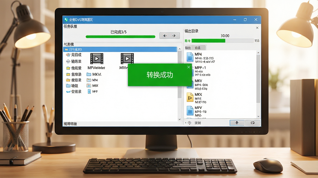 主体:全能DVD转换器软件在电脑上运行的截图,左侧为任务队列,右侧显示当前转换进度,背景为工作台场景。布局:电脑屏幕居中,键盘鼠标在前景,桌面整洁。排版:软件窗口中可见“已完成3/5”进度条,输出目录有视频文件图标。风格:写实办公风格,光线明亮,色调温暖。细节:屏幕中显示“转换成功”绿色弹窗,文件列表有MP4和MKV两种格式。画质:高清真实,干净无多余元素,传递效率感。