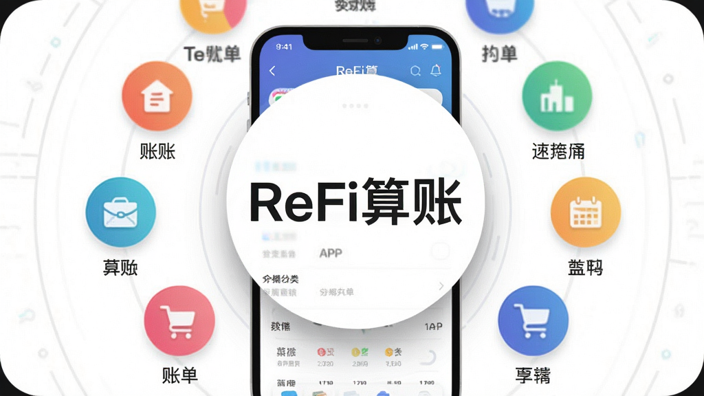 一幅扁平化风格的数字插图,画面中央是一个被高亮放大的“ReFi算账”APP内账单分类界面,不同类别的彩色圆形图标环绕排列,每个图标下方有对应的中文名称标签,背景为干净的纯白色,构图饱满且富有科技感,插画边缘有淡淡的阴影,细节丰富,画质干净,无多余元素。