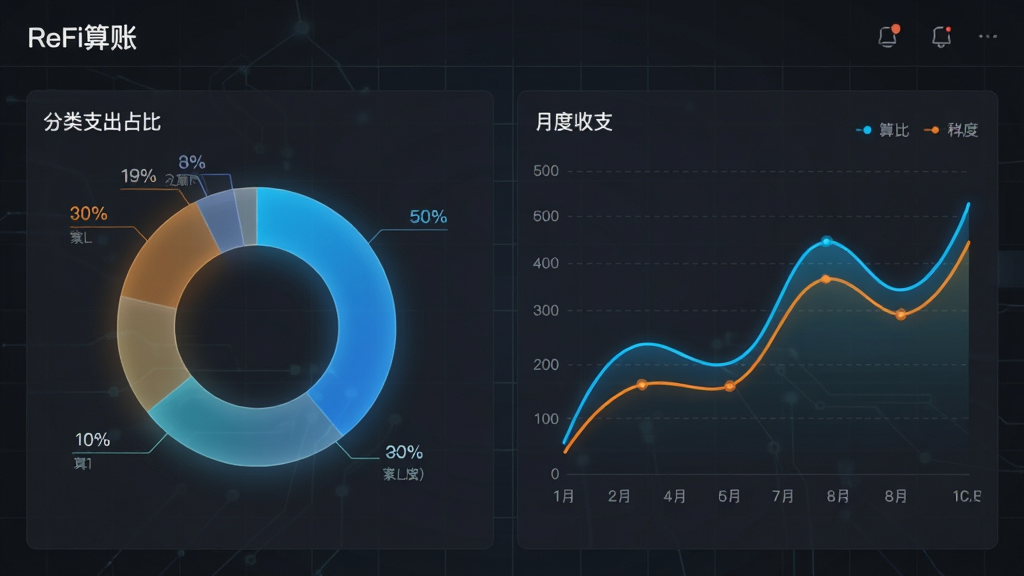 一个宽屏显示的“ReFi算账”财务分析图表页面,左侧是半透明的环形饼图展示分类支出占比,右侧是平滑的曲线折线图展示月度收支趋势,整体UI界面采用深色主题模式,数据线条使用亮蓝色和橙色高亮,画面背景为深灰色科技感网格,画质高清,干净整洁。