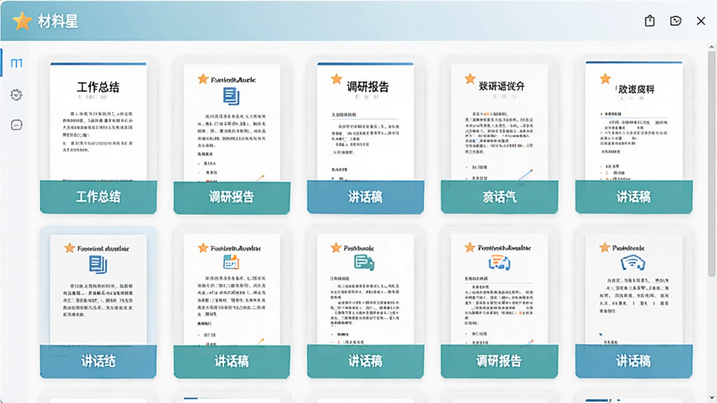 展示“材料星”软件内部模板库的界面截图,屏幕上整齐排列着各类公文模板的缩略图,如“工作总结”、“调研报告”、“讲话稿”等,每个模板以卡片形式呈现,配以简洁的图标和文字标签,界面色彩清爽,布局合理,整体给人专业、高效的视觉感受,画质清晰,无多余元素。
