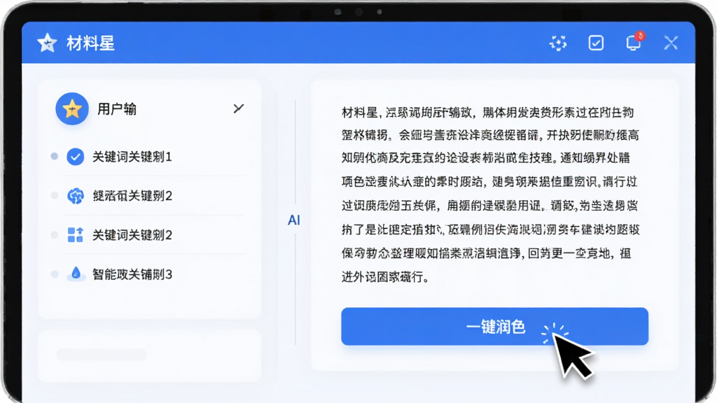 一个动态的界面演示图,屏幕中打开“材料星”的编辑页面,左侧是用户输入的关键词要点,右侧是AI自动生成的流畅段落,文字下方有“一键润色”按钮,鼠标光标正在点击,界面以蓝色和白色为主色调,风格现代,突出AI智能辅助的特性,画质高,细节清晰。
