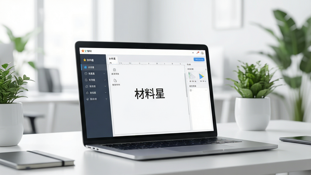 一张现代办公桌特写,桌面上摆放着笔记本电脑,屏幕显示“材料星”软件主界面,界面风格简洁清晰,左侧为功能导航栏,右侧为编辑区域,背景为明亮的办公室环境,配有绿植,画面干净,光线柔和,整体风格专业且富有科技感,高清画质。