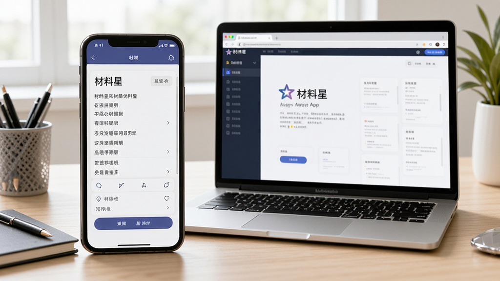 一部智能手机屏幕显示“材料星”App的编辑界面,屏幕上有丰富的文字和工具栏,旁边放置着一台笔记本电脑,屏幕上同样显示该软件的网页版界面,周围有办公用品,整体场景展示跨设备使用的便捷性,风格写实,画面明亮,突出软件在多端适配的优势,画质清晰。