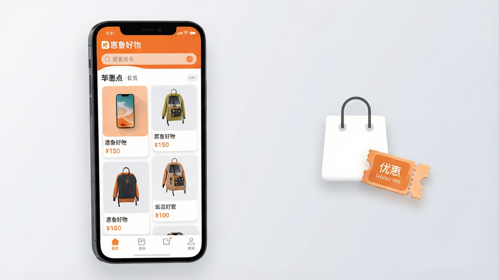 主体:一部亮屏的智能手机,屏幕上清晰显示“惠鲁好物”应用主界面,界面布局包含顶部搜索栏、中部商品瀑布流、底部导航栏。背景为柔和的浅灰色渐变。布局:手机居中偏左,右侧留白配以简约购物袋图标和悬浮的优惠券元素。排版:界面上的商品卡片整齐排列,每张卡片展示商品图片与简洁价格标签。风格:现代扁平化风格,结合轻微拟物阴影。细节:屏幕上“惠鲁好物”Logo位于左上角,界面色彩以橙白为主色调,整体明亮通透。画质:4K高清渲染,干净无多余元素。