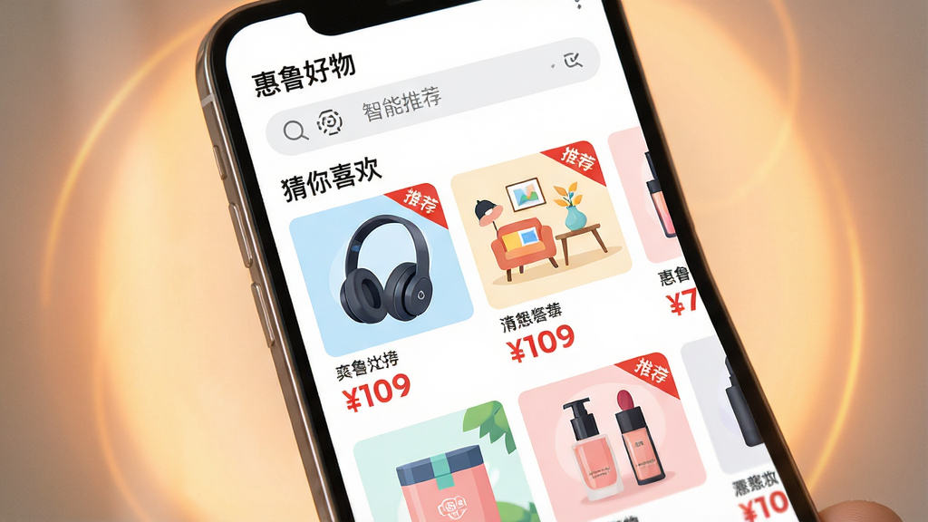 主体:一部智能手机屏幕特写,屏幕上展示“惠鲁好物”的“猜你喜欢”信息流页面,页面中混合展示多种商品卡片,包括数码耳机、家居小物与美妆产品。布局:手机屏幕占据画面中央,四周有柔和的暖色光晕。排版:商品卡片错落有致,每张卡片下方有醒目的价格标签与“推荐”角标。风格:现代科技感扁平插画风格。细节:屏幕上方显示“惠鲁好物”字样,顶部搜索栏有“智能推荐”的图标。画质:高分辨率,干净明亮,无多余元素。