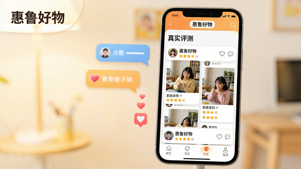 主体:手机屏幕展示“惠鲁好物”的社区讨论页面,页面顶部有“真实评测”标题,下方为多张用户晒单图片,配有点赞和评论图标。布局:屏幕居中偏右,左侧有浮动的对话气泡和心形图标。排版:评测卡片以瀑布流形式排布,每张卡片带有用户头像、昵称与星级评分。风格:温暖活泼的社区风格,色调明快。细节:屏幕左上角有“惠鲁好物”字样,底部导航栏高亮“社区”标签。画质:高清画质,干净简洁,无多余元素。