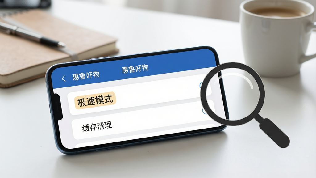 主体:一部手机横屏放置在桌面上,屏幕显示“惠鲁好物”的设置页面,包含“极速模式”和“缓存清理”选项。背景为简洁的办公桌,有笔记本和咖啡杯。布局:手机位于画面中央偏左,右侧有放大镜图标指向屏幕上的设置菜单。排版:屏幕上的文字清晰可读,设置项以列表呈现。风格:写实摄影风格,光线柔和。细节:屏幕上方有“惠鲁好物”字样,设置项高亮“极速模式”。画质:4K高清,干净无多余元素。