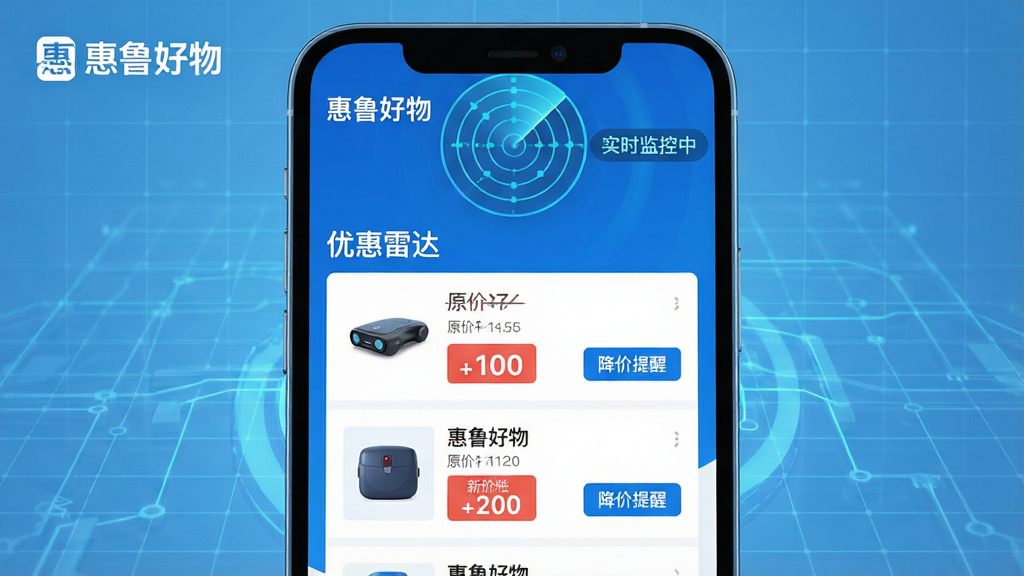 主体:手机屏幕显示“惠鲁好物”应用内的“优惠雷达”页面,页面以列表形式展示几款商品,每款商品下方有原价划线和新价格标签,并显示“降价提醒”按钮。布局:屏幕居中,背景为浅蓝色科技网格,上方悬浮一个雷达波纹动态图标。排版:信息清晰分层,价格对比醒目。风格:简洁数据可视化风格,科技蓝主色调。细节:“惠鲁好物”Logo印在屏幕左上角,雷达图标附近有“实时监控中”字样。画质:超清渲染,画面干净无多余元素。
