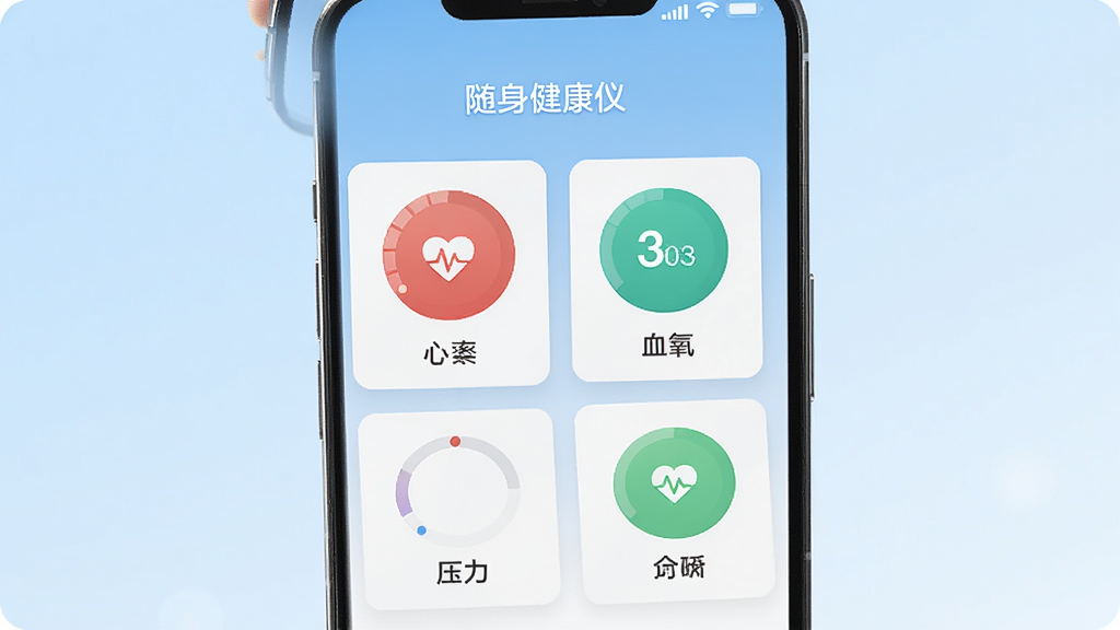 图片展示“随身健康仪”主界面,一部智能手机屏幕显示心率、血氧、压力等圆形仪表盘数据卡片,背景淡蓝渐变,界面简洁现代,扁平化设计,文字标签清晰,整体干净明亮,画质高清,无多余元素