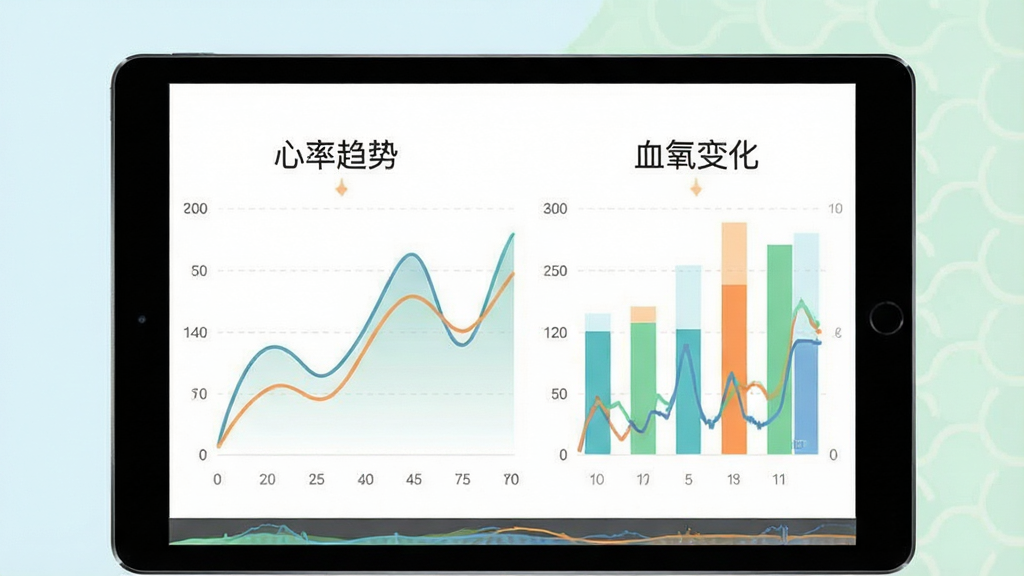 数据图表风格图片,展示一台平板电脑上显示趋势折线图与柱状图,标注“心率趋势”“血氧变化”,背景淡雅,扁平化设计,色彩清新,文字清晰,画质干净
