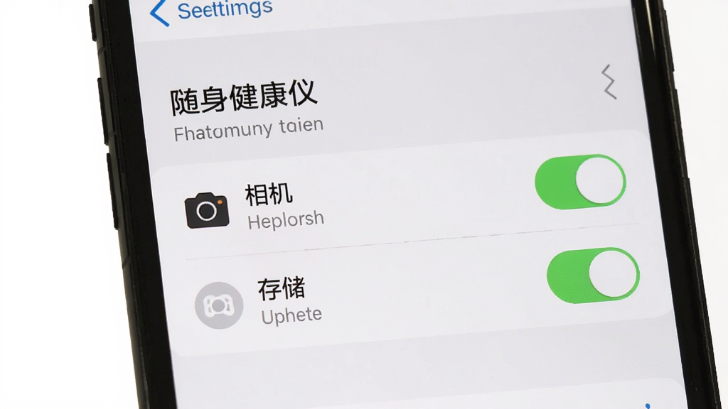 图片展示手机设置界面,突出显示“随身健康仪”的权限开启页面,包含相机、存储权限开关,背景为系统设置样式,清晰展示开关状态,画质干净,无多余元素