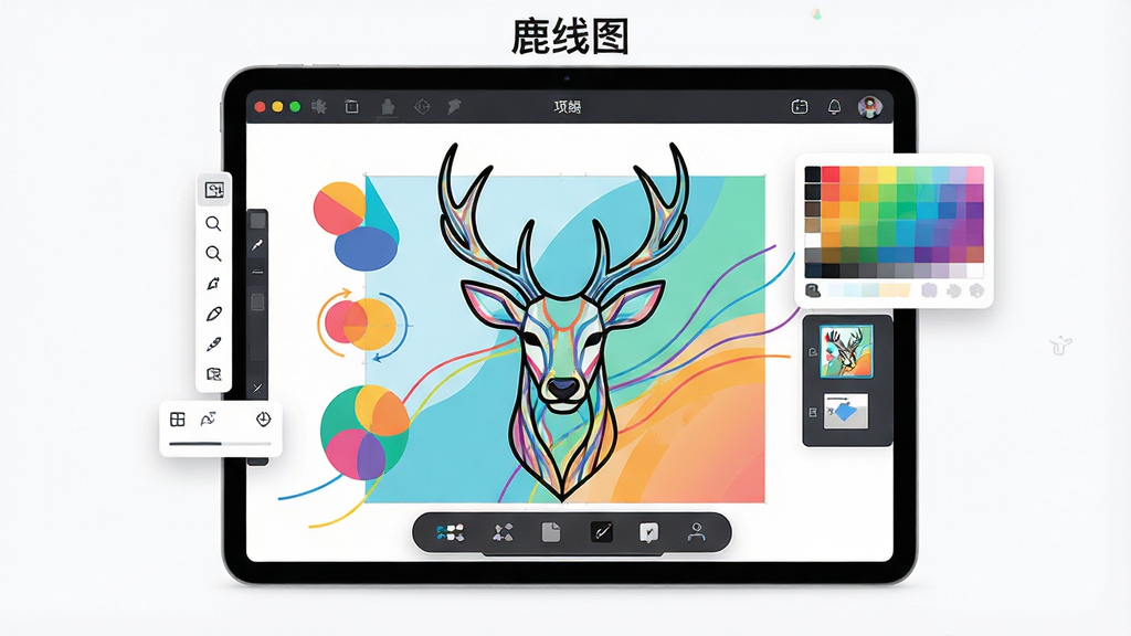 主体:鹿线图软件主界面展示,一块平板电脑上呈现多彩矢量绘图画面。布局:居中构图,画布上有几何图形、流畅线条与颜色填充,周围环绕悬浮工具栏。排版:界面下方有功能图标栏,顶部有项目名称“鹿线图”字样。风格:现代扁平化设计,色彩明快,科技感与艺术感并存。细节:屏幕中绘制一只由线条构成的鹿头轮廓,右侧有颜色面板与图层缩略图。画质:4K超清,干净背景,无多余元素。