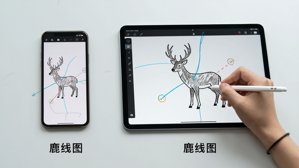 主体:手机与平板并排展示鹿线图使用场景,屏幕上显示绘制界面。布局:左侧手机,右侧平板,两者屏幕内容不同但风格一致。排版:背景为淡灰色,设备下方有“鹿线图”字样。风格:实拍感,自然光。细节:手指触控笔操作,屏幕显示图表与线条。画质:高清晰度,干净整洁。