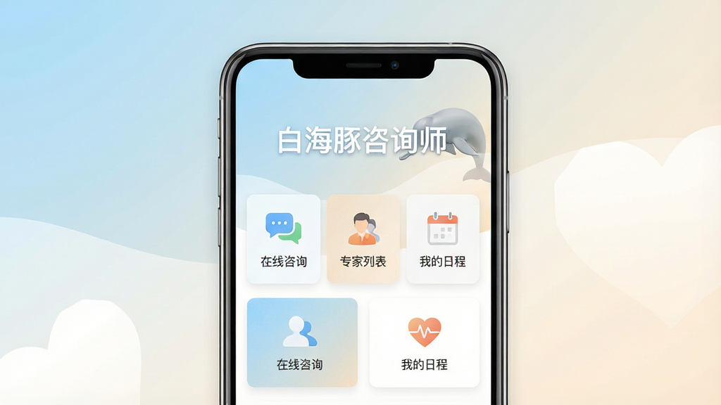 一张展示白海豚咨询师APP核心界面的高清宣传图,画面主体为智能手机屏幕界面的平视角度,屏幕内清晰显示“白海豚咨询师”字样,下方排列着“在线咨询”、“专家列表”、“我的日程”等功能卡片图标。背景采用柔和温暖的渐变色,以浅蓝和米白为主,营造出专业、安心、平静的心理咨询氛围。布局上手机居中,两侧留白干净,画面整体采用扁平化设计风格,细节丰富,质感细腻,画质高清,干净无多余元素。