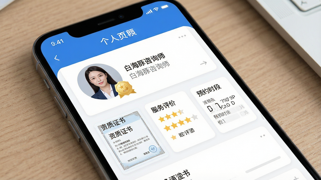 一张展示“白海豚咨询师”APP个人主页功能的界面设计图,画面主体为一名职业咨询师的手机端个人资料页面,头像旁带有金色的官方认证徽章,页面下方整齐展示“资质证书”、“服务评价”、“预约时段”等信息模块。整体布局采用卡片式设计,色调为简洁的白色与蓝色,突出专业感与信赖感。风格写实且偏向商务化,界面细节清晰可见,画质高清,排版干净规整,无多余元素。