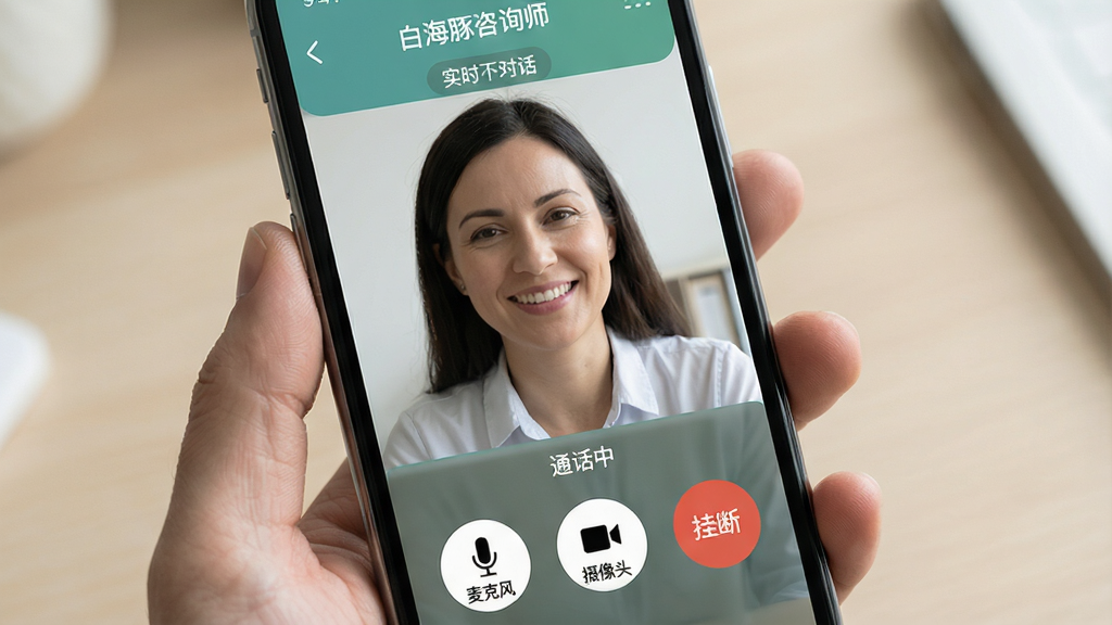 一张展示“白海豚咨询师”APP线上实时对话的界面预览图,画面主体是模拟手机屏幕内正在进行的视频咨询界面,画面中一位咨询师正微笑倾听,界面下方有“通话中”状态和“麦克风”、“摄像头”、“挂断”等控制按钮。整体构图清晰,突出科技与人文关怀的结合,色彩自然柔和,画质高清,风格干净整洁,无多余修饰。