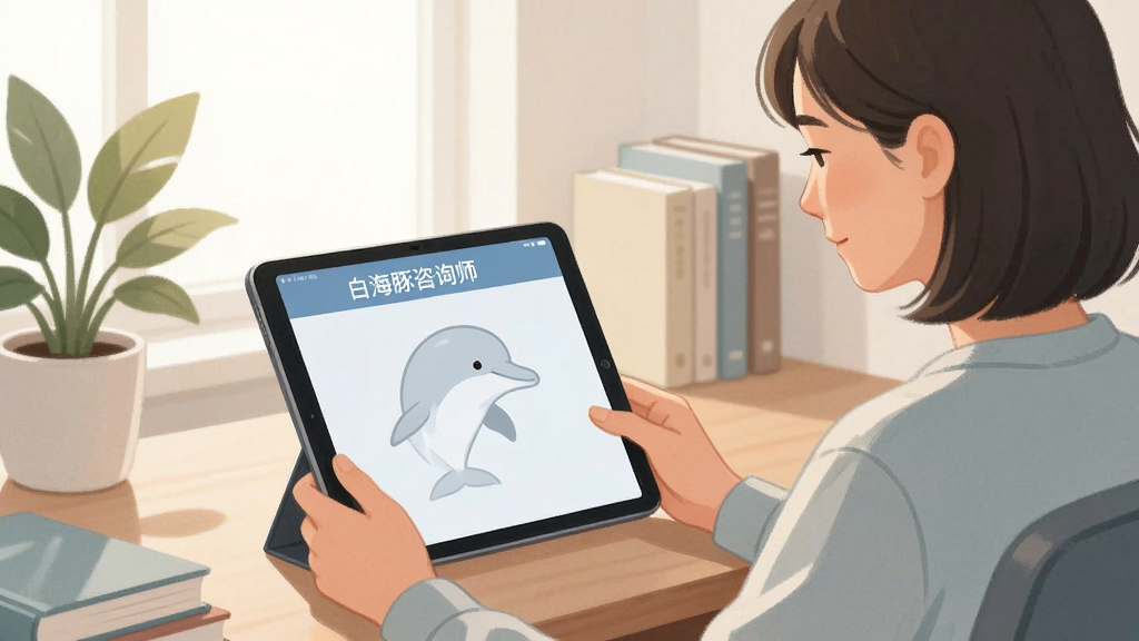 一张关于“白海豚咨询师”APP使用场景的插画,画面主体为一名用户正坐在书桌前使用平板电脑进行线上咨询,屏幕中隐约可见“白海豚咨询师”的界面轮廓。室内环境明亮温馨,摆放着绿植与书籍。构图采用平视视角,风格为清新写实的商业插画,色调淡雅,突出宁静与专注的氛围,画质干净,无多余元素。