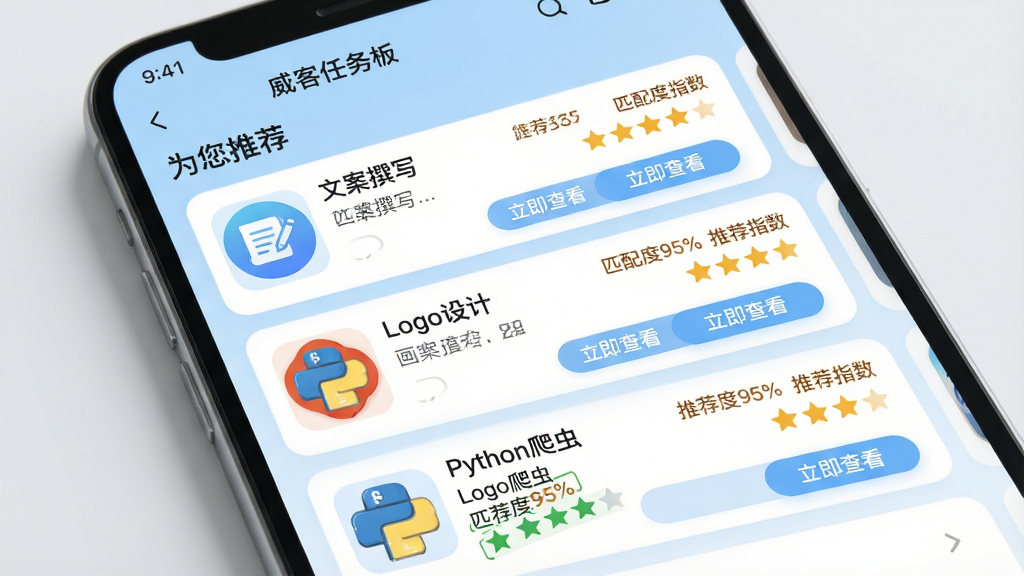 主体:手机屏幕展示“威客任务板”的智能推荐页面,顶部有“为您推荐”标题,下方是多个任务卡片。布局:卡片纵向排列,每张卡片左侧为任务类型图标,右侧为任务简介和“推荐指数”星级。排版:卡片背景为白色,圆角设计,底部有“立即查看”按钮。风格:清新简洁的移动端UI设计,主色调为浅蓝和白色。细节:屏幕上显示“文案撰写”、“Logo设计”、“Python爬虫”等任务标签,并标注“匹配度95%”。画质:真实感渲染,色彩柔和,屏幕无反光,干净无多余元素。