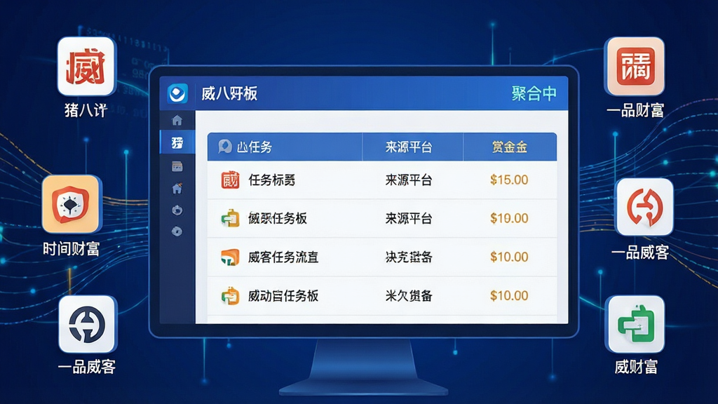 主体:一幅展示“威客任务板”多平台聚合功能的界面截图,屏幕上同时显示来自猪八戒、一品威客、时间财富等平台的标识和任务列表。布局:画面中央是一个大显示屏,周围环绕着多个小图标代表不同威客平台。排版:屏幕上的任务列表以表格形式呈现,每一行显示任务标题、来源平台和赏金金额。风格:科技感插画风格,背景为深蓝色,数据线条流动。细节:每个平台图标下方有对应名称,屏幕右上角有“聚合中”字样。画质:高清,光影效果突出,干净整洁无多余元素。