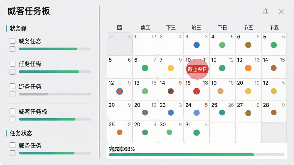 主体:“威客任务板”的日历进度跟踪界面,日历中不同日期格内显示不同颜色的任务圆点。布局:左侧为任务列表,右侧为日历视图,中间用竖线分隔。排版:任务列表按状态分组,每项前有复选框和进度条。风格:商务简报风格,背景为浅灰色,日历格为白色。细节:日历中一个日期被红色圆圈标记,并有“截止今日”字样,底部有“完成率68%”的进度条。画质:高清,文字清晰,布局规整,干净无多余元素。