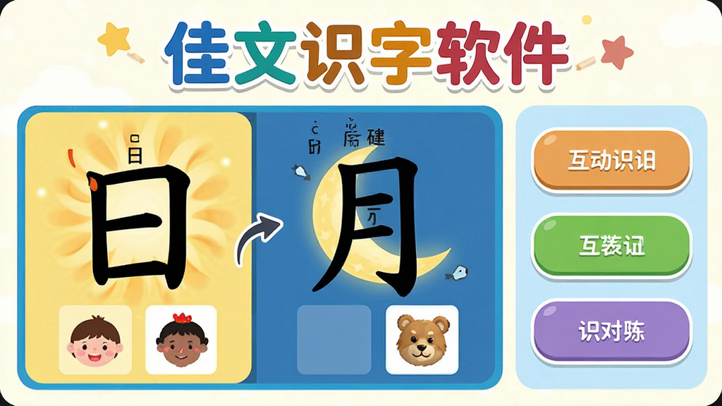 主体:佳文识字软件的识字课堂界面,展示“日”“月”等字的动画演变。布局:左侧是动画演示区,右侧是互动练习按钮。排版:标题“佳文识字软件”置于顶部,字体活泼。风格:扁平化设计,色彩明快。细节:每个汉字配有拼音和实物图,界面干净,无多余元素。画质:高清、细腻,适合儿童观看。
