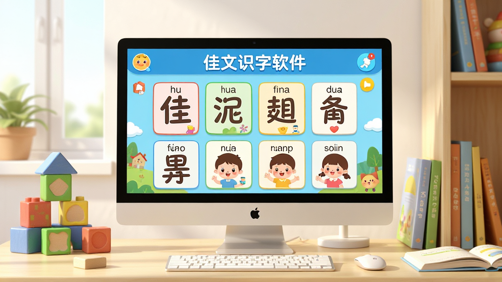 主体:佳文识字软件在明亮的儿童书房中运行,屏幕显示彩色汉字卡片与卡通插画。布局:电脑屏幕居中,周围有积木、书本等元素。排版:界面清晰,大字卡配有拼音和图片。风格:卡通可爱、色彩鲜艳,符合儿童审美。细节:画面干净,光线柔和,突出“佳文识字软件”品牌名。画质:高清渲染,干净无多余元素。