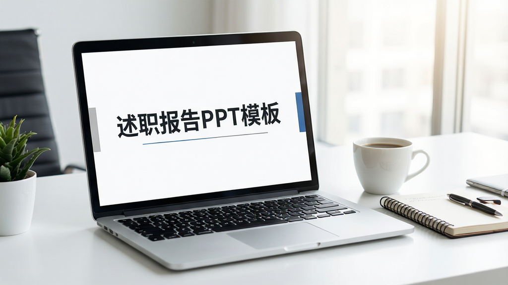 高清海报风格的办公桌面场景,一台笔记本电脑屏幕显示“述职报告PPT模板”的封面,旁边摆放咖啡杯与记事本,画面明亮干净,专业商务风格,细节丰富,画质清晰,无多余元素