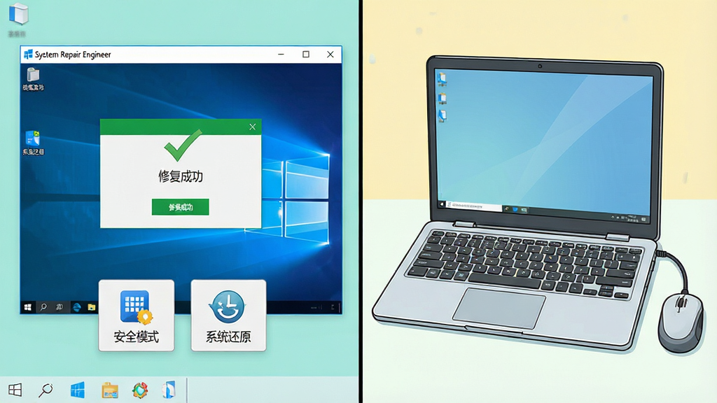 画面主体为分屏设计,左侧是运行在Windows 10桌面上的System Repair Engineer软件界面,右侧是笔记本电脑实体。布局为左右呼应,左侧屏幕内显示“修复成功”的绿色对勾弹窗。排版上,界面下方悬浮着“安全模式”与“系统还原”两个图标按钮。风格为清新实用的教程插画风格,色彩明快。细节强调笔记本键盘与鼠标的刻画,画质干净无多余元素。
