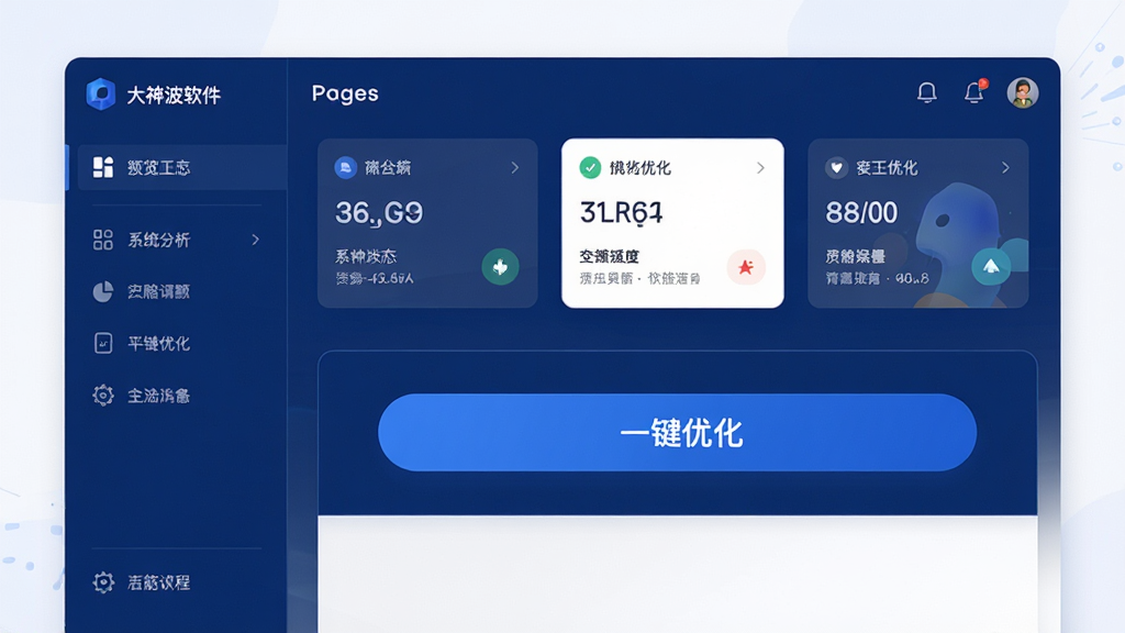 大神波软件主界面预览图,现代简约风格,深蓝色主色调,左侧功能导航栏,右侧内容展示区,包含系统状态卡片、一键优化按钮,布局清晰,排版整齐,界面干净无多余元素,画质高清