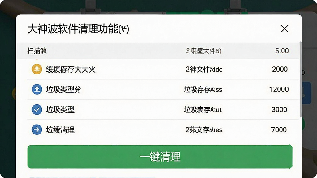 大神波软件清理功能截图,显示扫描结果列表,包含缓存文件大小、垃圾类型,界面有“一键清理”按钮,设计简洁,数据直观,画质清晰,无多余元素