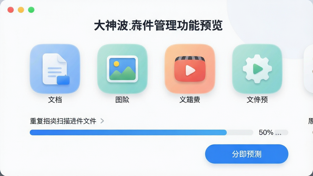 大神波文件管理功能预览,展示文件分类图标,如文档、图片、视频,以及重复文件扫描进度条,界面浅色背景,图标圆润,操作按钮清晰,画质干净