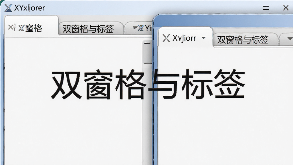 XYplorer软件界面的双窗格与标签栏特写,主体为左右两个窗格,上方有多个标签页,布局整洁,风格简洁商务,细节突出标签页的圆角设计与窗格间的分隔条,画质清晰干净,无多余元素,图片可标注“双窗格与标签”
