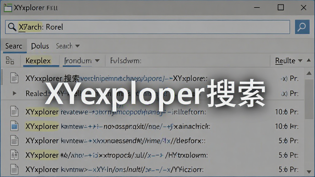 XYplorer搜索功能的应用界面,主体为搜索栏与结果列表,布局从上至下,风格清爽,细节高亮显示搜索关键词与文件路径,画质清晰干净,无多余元素,图片可含文字“XYplorer搜索”