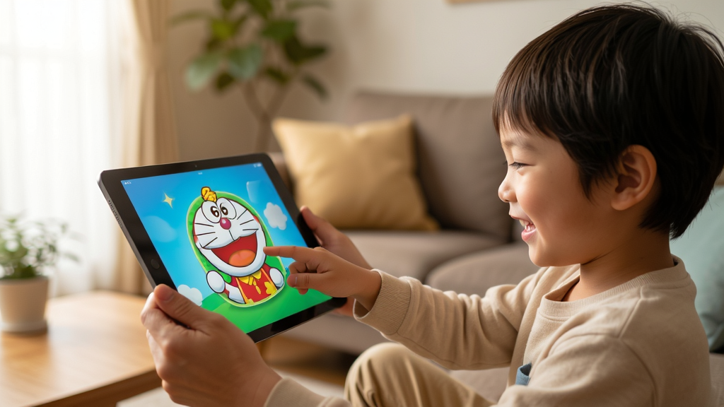 画面主体为家长将平板电脑交给孩子,孩子开心地点击屏幕上的哆啦儿童乐园图标。背景是温馨的家庭客厅。布局采用侧光构图。排版自然。风格写实摄影风格,画质高清,细节丰富,色彩温暖。画质干净,无多余元素。