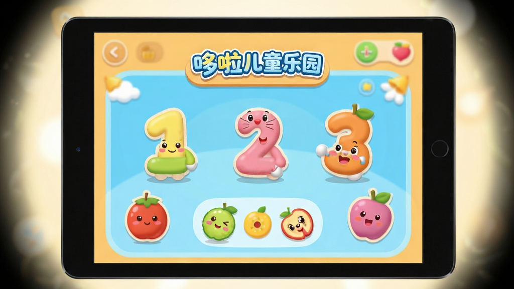 画面主体为平板电脑屏幕特写,屏幕内展示哆啦儿童乐园的数学启蒙课程界面,有可爱的数字卡通形象和水果图案。布局为屏幕居中,四周有柔和的光晕。排版清晰,界面UI设计圆润。风格扁平化结合微立体,色彩明快。细节上突出“哆啦儿童乐园”的Logo。画质高清,干净,无多余元素。