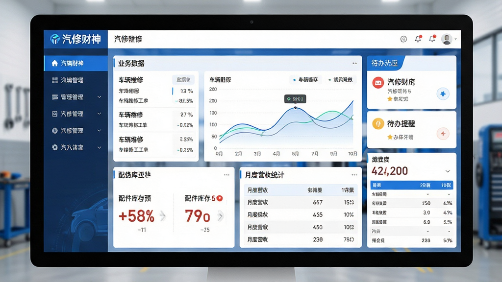 一幅展示现代化汽修门店管理场景的电脑界面截图,主体为“汽修财神 汽修汽配软件”的仪表盘界面,布局为左侧菜单栏、中部业务数据折线图与右侧待办提醒卡片,整体排版清晰大气,风格采用科技蓝与白色相间的商务风格,画面细节包含车辆维修工单数据、配件库存预警数字、月度营收统计表,画质高清干净,无多余杂乱元素,界面中显著显示“汽修财神”品牌标识