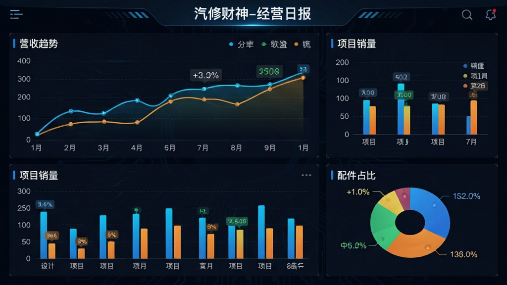 一幅“汽修财神 汽修汽配软件”手机端经营数据看板截图,主体为多张统计图表,包括折线图展示营收趋势、柱状图对比项目销量、饼图显示配件占比,布局紧凑有序,风格为深色背景搭配亮色图表,科技感强,细节数据标签清晰,画质高清,无多余元素,顶部标题栏显示“汽修财神-经营日报”