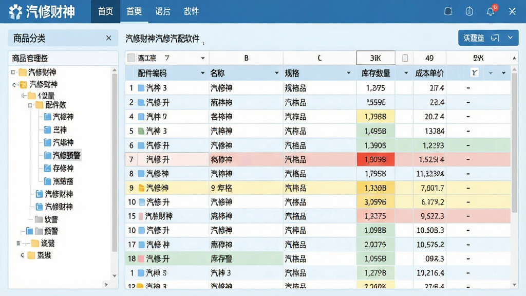 一幅展示“汽修财神 汽修汽配软件”配件库存管理界面的电脑端截图,主体为库存列表表格,包含配件编码、名称、规格、库存数量、成本单价等列,左侧为商品分类树状图,布局清晰,表格数据密集,风格为浅蓝与白色搭配的商务办公风,细节包含库存预警颜色高亮标记,画质高清,无多余装饰元素,界面顶部显示“汽修财神”导航栏
