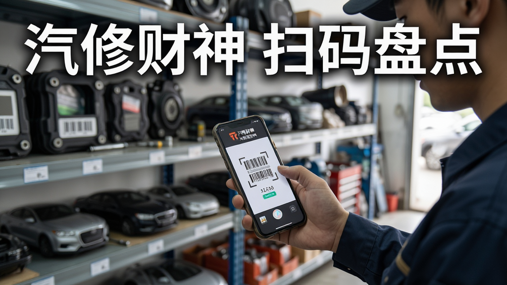 一张关于使用“汽修财神 汽修汽配软件”进行手机库存盘点的场景图,画面主体为一名汽修店员工手持手机扫描配件条码,背景为货架整齐排列的汽车配件,布局采用对角线构图,风格为写实摄影风,细节包括手机屏幕上的扫码成功界面与配件库存数字,画质高清自然,无多余元素,图片上可加文字“汽修财神 扫码盘点”