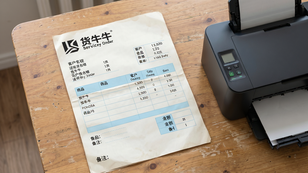 主体:一张打印出来的货牛牛送货单样张平铺在桌面上,旁边有一台正在工作的喷墨打印机,单据上公司Logo和表格清晰。布局:俯拍视角,送货单占据画面中心,打印机在右侧,桌面为原木色。排版:送货单内容完整,包括公司名称、客户信息、商品明细表格、金额和备注,排版整齐。风格:写实摄影风格,自然光线,真实感强。细节:单据纸张微微泛白,印刷文字清晰,表格线为浅蓝色。画质:高清,干净,无多余元素。