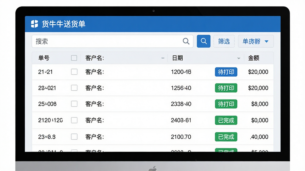 主体:电脑屏幕放大显示货牛牛送货单软件的单据列表管理界面,列表中有多行送货单记录,状态标签分别为“待打印”和“已完成”。布局:列表界面占满画面,上方有搜索栏和筛选按钮,整体为自上而下的浏览视角。排版:表格列清晰,字体大小适中,状态标签用不同颜色区分(蓝色和绿色)。风格:扁平化管理风格,界面干净,蓝白配色,商务感。细节:每行记录包含单号、客户名、日期和金额,搜索框有放大镜图标。画质:高清,干净,无多余元素。