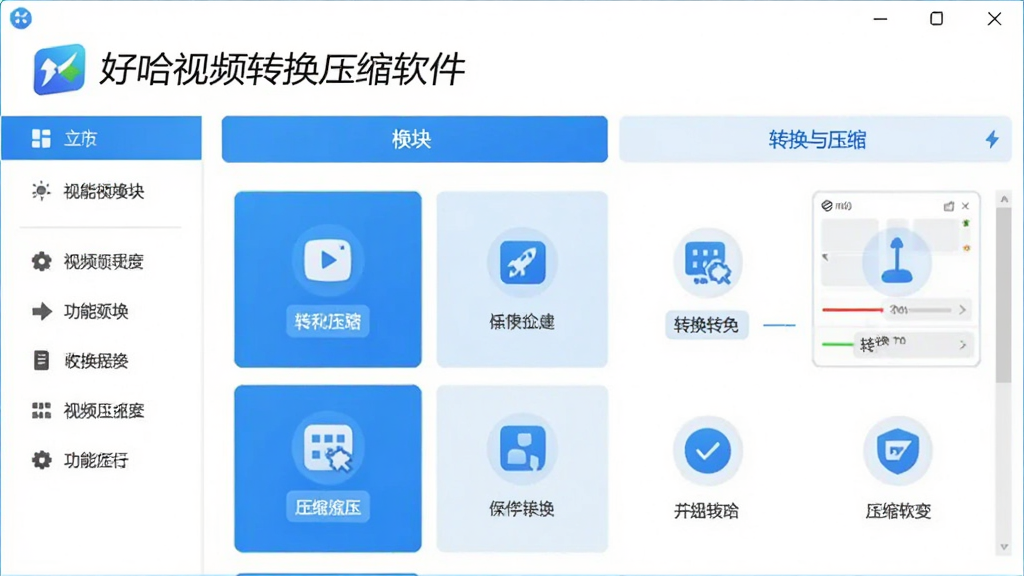 图片整体描绘了好哈视频转换压缩软件的主界面,展示软件名称“好哈视频转换压缩软件”的Logo与功能模块布局,左侧为功能导航栏,右侧为转换与压缩操作区,界面简洁明亮,采用蓝白配色,图标清晰,整体风格现代专业,画质干净无多余元素。